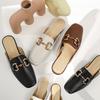 Leather Half Slippers Women's Outer Wear Summer New Horse Buckle Sandals Heelless Lazy Shoes Flat Bag Head Muller Shoes