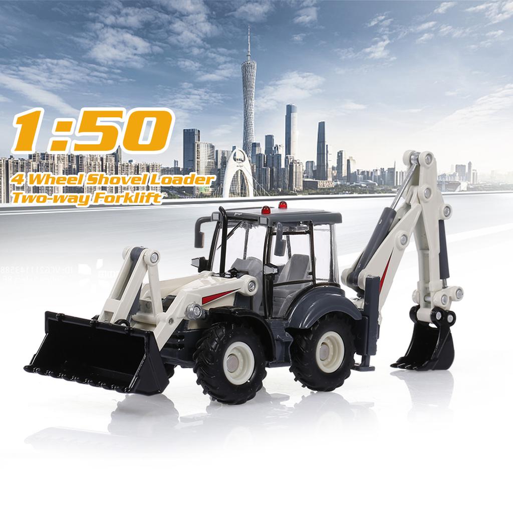 Alloy Diecast Excavator 1:50 4 Wheel Shovel Loader Two-way Forklift   Backhoe Loader Truck Model For Kids Gift Toys