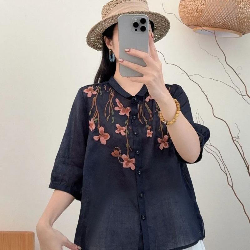 Damen Leinenhemd mit floraler Stickerei Umlegekragen Dreiviertelarm Knopfleiste Lässige Bluse