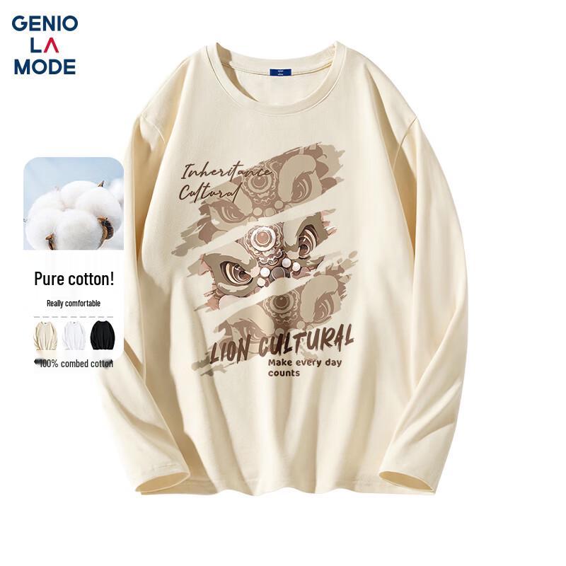 GENIOLAMODE Men s Loose Fit Lion Dance Print Long Sleeve T-Shirt L