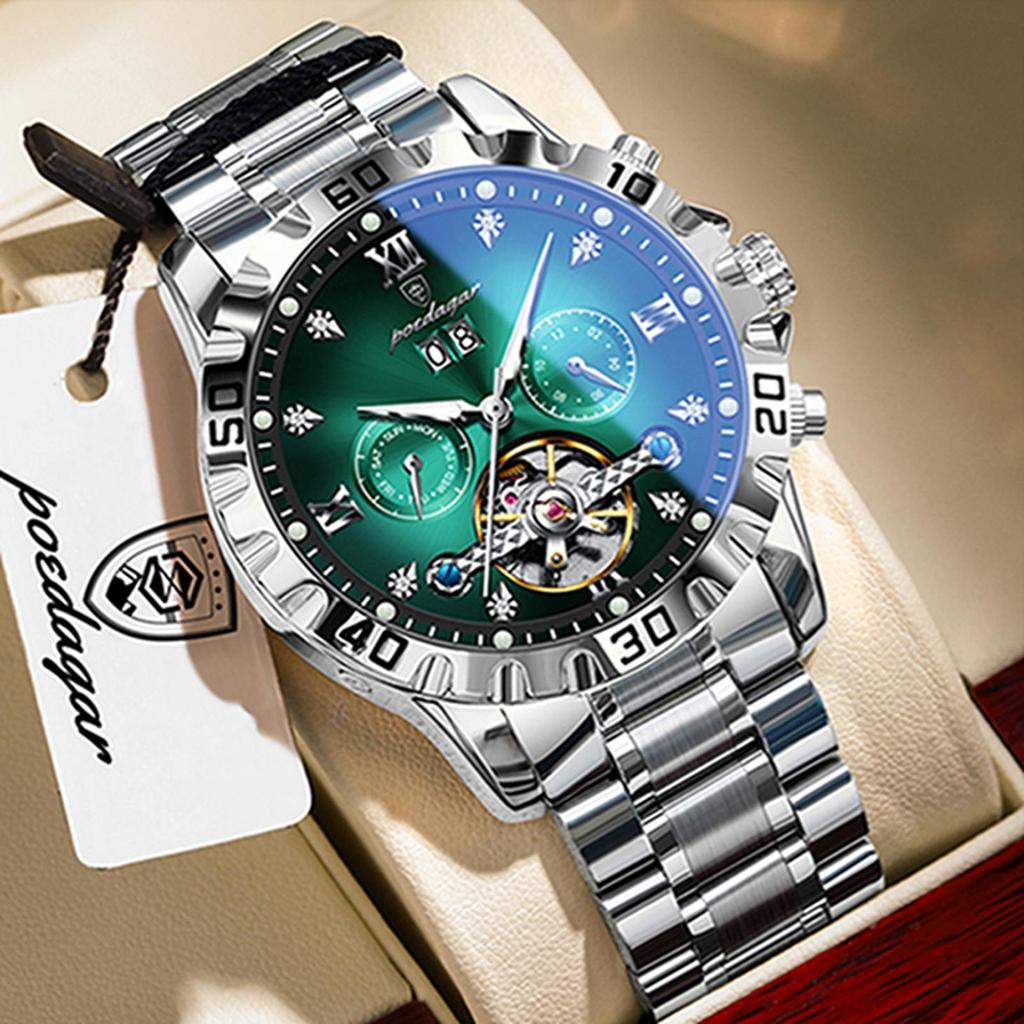 POEDAGAR Top Luxus Herrenuhr Automatisch Datum Woche Herren Armbanduhr Hohl Tourbillon Mechanisch Edelstahl Herrenuhr