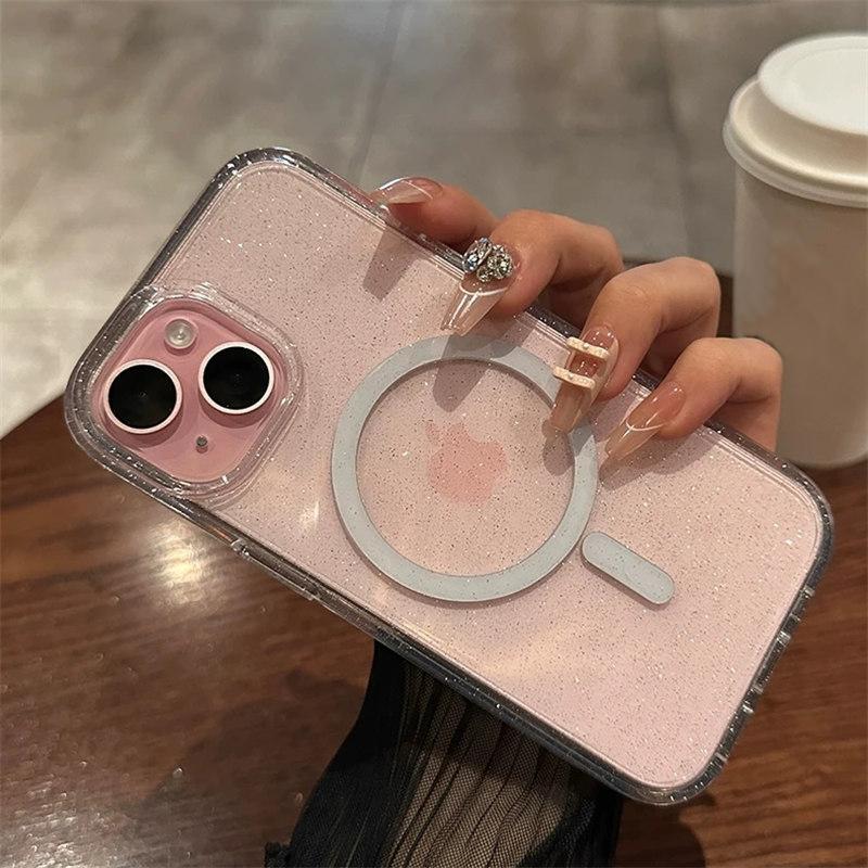 Luxuriöser Bling-Glitter für Magsafe Wireless Charge Magnethülle für iPhone 15 14 Plus 13 12 11 Pro Max Klare harte Acrylabdeckung