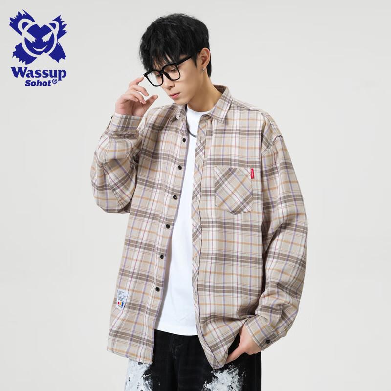 Wassup Sohot Men s American Retro Plaid Long-Sleeve Shirt 2XL