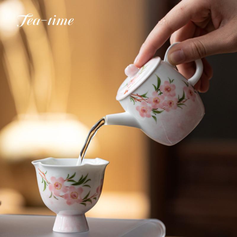 Pure Hand Painted Peach Blossom Tea Pot Kettle Japanese Teapot Porcelain Chhai Filter Handmade Puer Ceramic Pots Supplies Clay