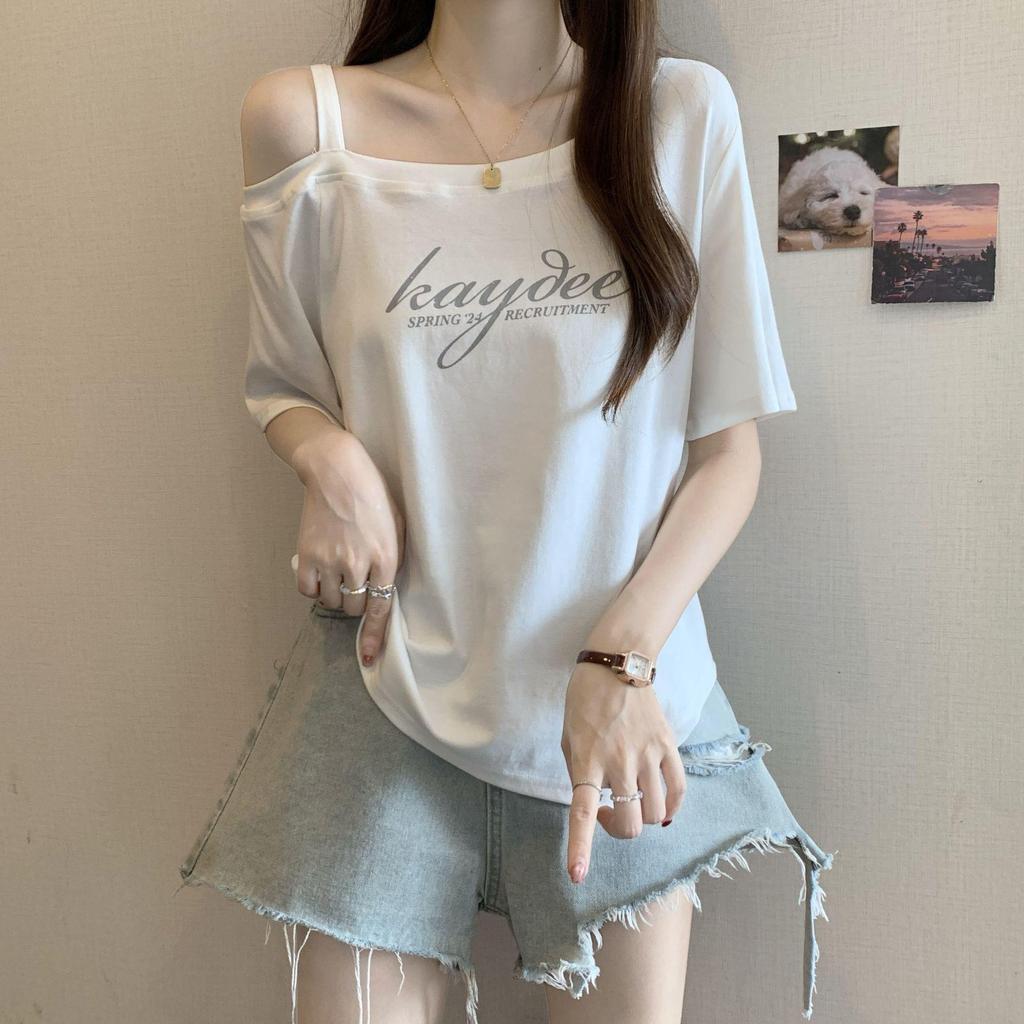 2025 Spring/Summer Plus Size Off-Shoulder Letter Print T-shirt - Women's Trendy Loose Slimming Fashion