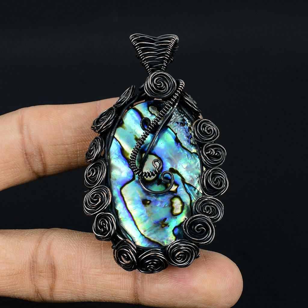 Abalone Shell Handmade Copper Wire Wrapped Pendant Jewelry 2.8" i7e14