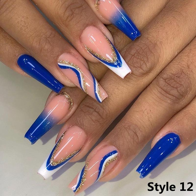 24Pcs/Box Long Coffin False Nails Wearable Fake Nails with Glitter Rhinestones Ballet Press On Nails Full Cover Nail Tips