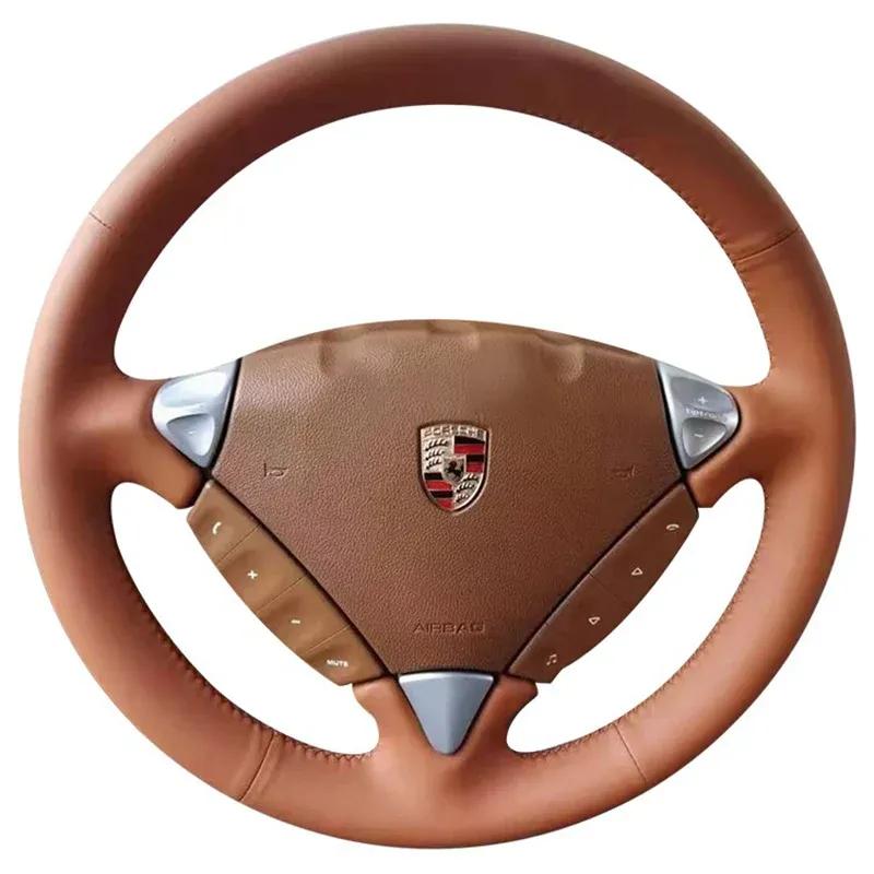 For Porsche Cayenne 2003-2010 DIY Hand-stitched Non-slip  Leather Car Steering Wheel Cover
