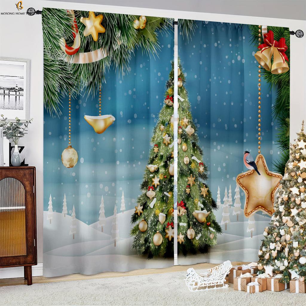 Christmas Curtains Santa Claus Snowflake Ball 3d Curtains Bedroom Restaurant New Year Holiday Party Decoration Curtains 2 Pieces