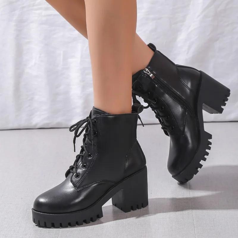 Módní výprodej 2024 Dámské boty s bočním zipem Dámské kozačky Módní šněrování Moderní kozačky Dámské nové boty s kulatou špičkou