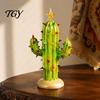 Resin Tabletop Decor for Home Vintage Lighted Cactus Christmas Tree, Saguaro with Bulbs & Golden Colorful Crystal Lamp Display Star Topper,
