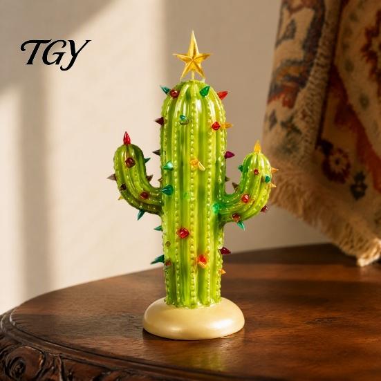Resin Tabletop Decor for Home Vintage Lighted Cactus Christmas Tree, Saguaro with Bulbs & Golden Colorful Crystal Lamp Display Star Topper,