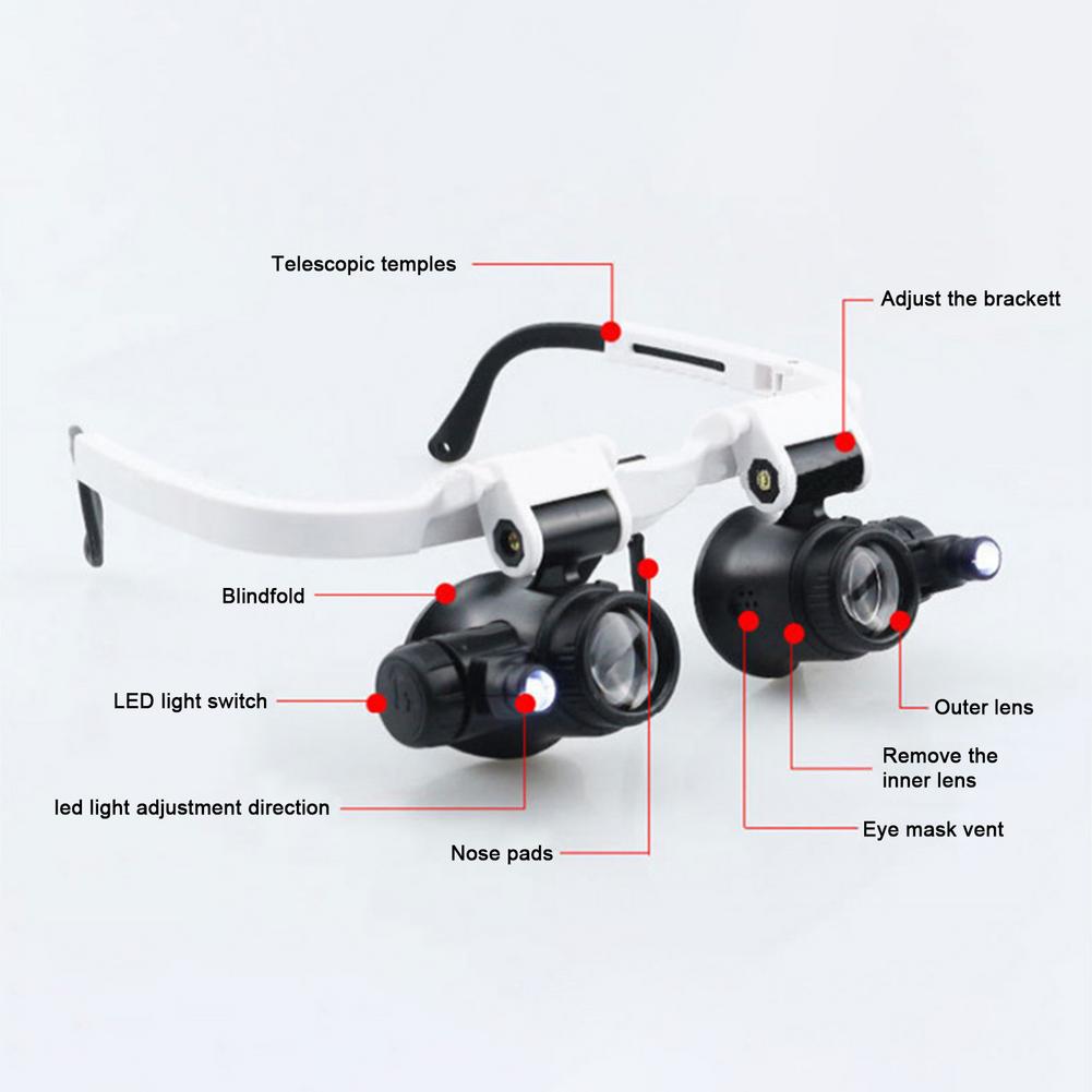 Kopfmontiertes Beleuchtungsmikroskop, Stirnbandreparatur, LED-Lampe, Lichtlupe mit 8-facher, 15-facher und 23-facher Lupenbrille