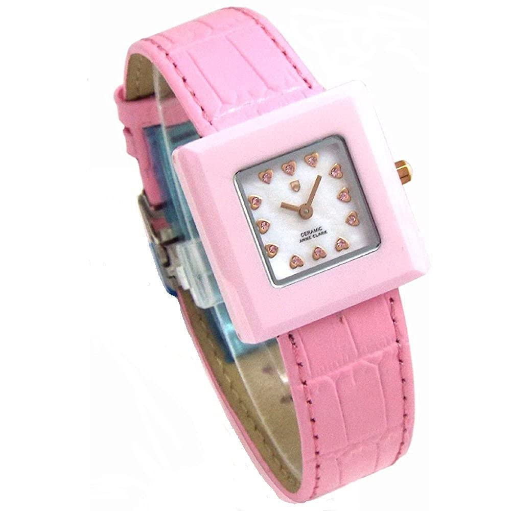 

ANNE CLARK Watch with Ceramic Sapphire Natural Pink Shell Dial and Genuine Leather Strap Women s Case, Crystal, белый
