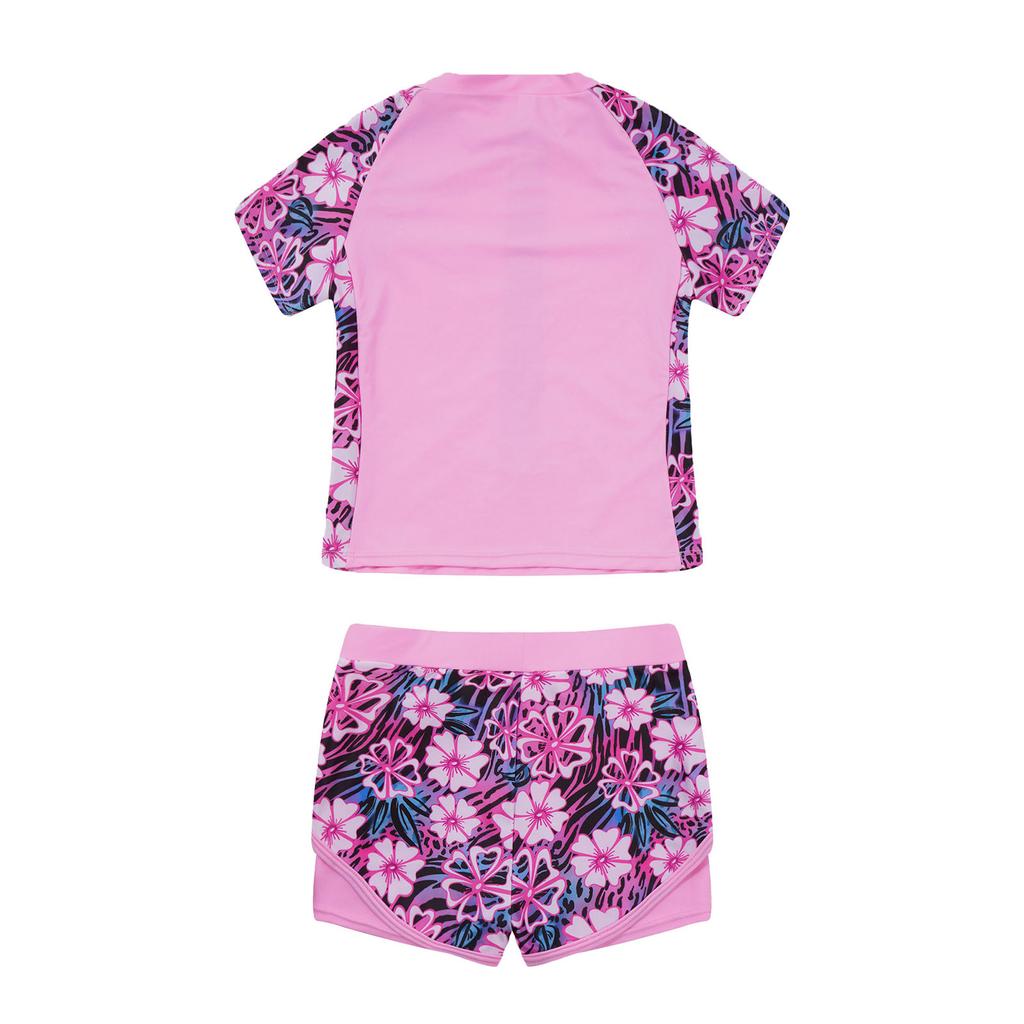 Front Zipper Closure Short Sleeves Stand Collar Tops + Elastic Waistband Shorts Floral Print Quickly Dry Swimwear 2Pcs Sets