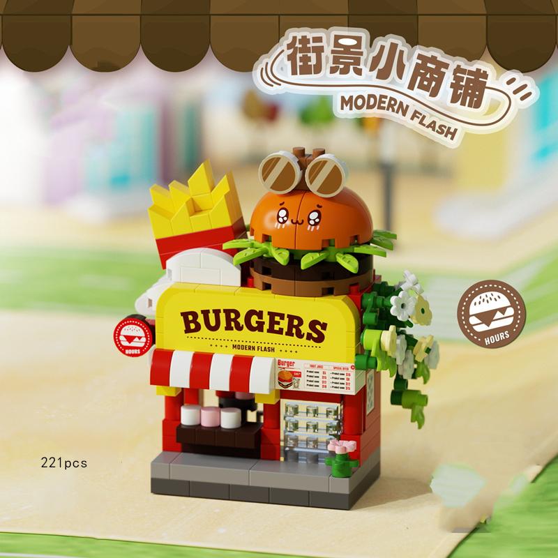 Library Candy Store Street View Coffee Pet Bread Flower Hamburger Small Shop City Building Blocks Fun Street Store Toys