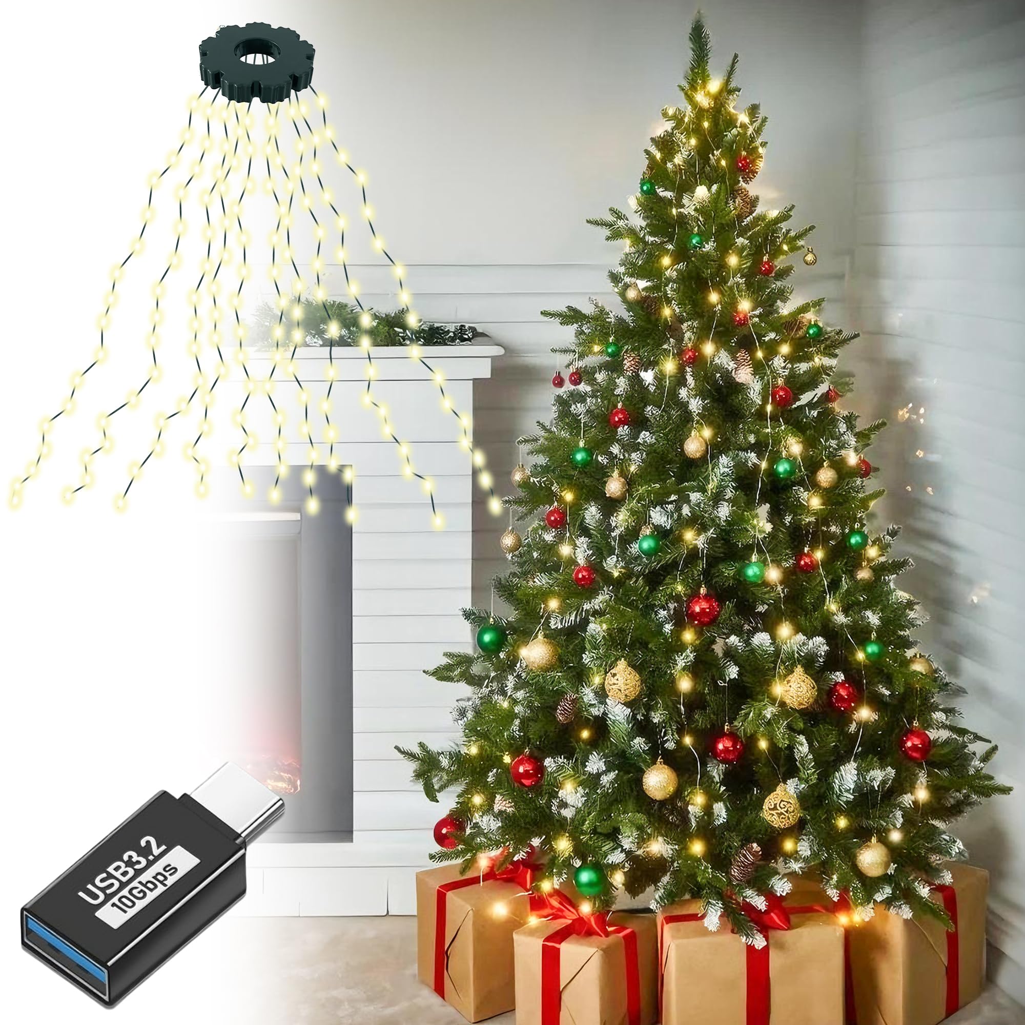 

Christmas Tree Lights, USB & Type-C, 1.5M x 8 Strings, 200 Bulbs, Perfect for Christmas Trees, Easy to Install, Timer Included, Warm White