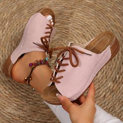 2024 Sommer Neue Slope Heel Color Block Strickpantoffeln für Damen Großes Gras Gestrickte Schnürung Erhöhte Damen Dicke Sohle Einfache Sandalen