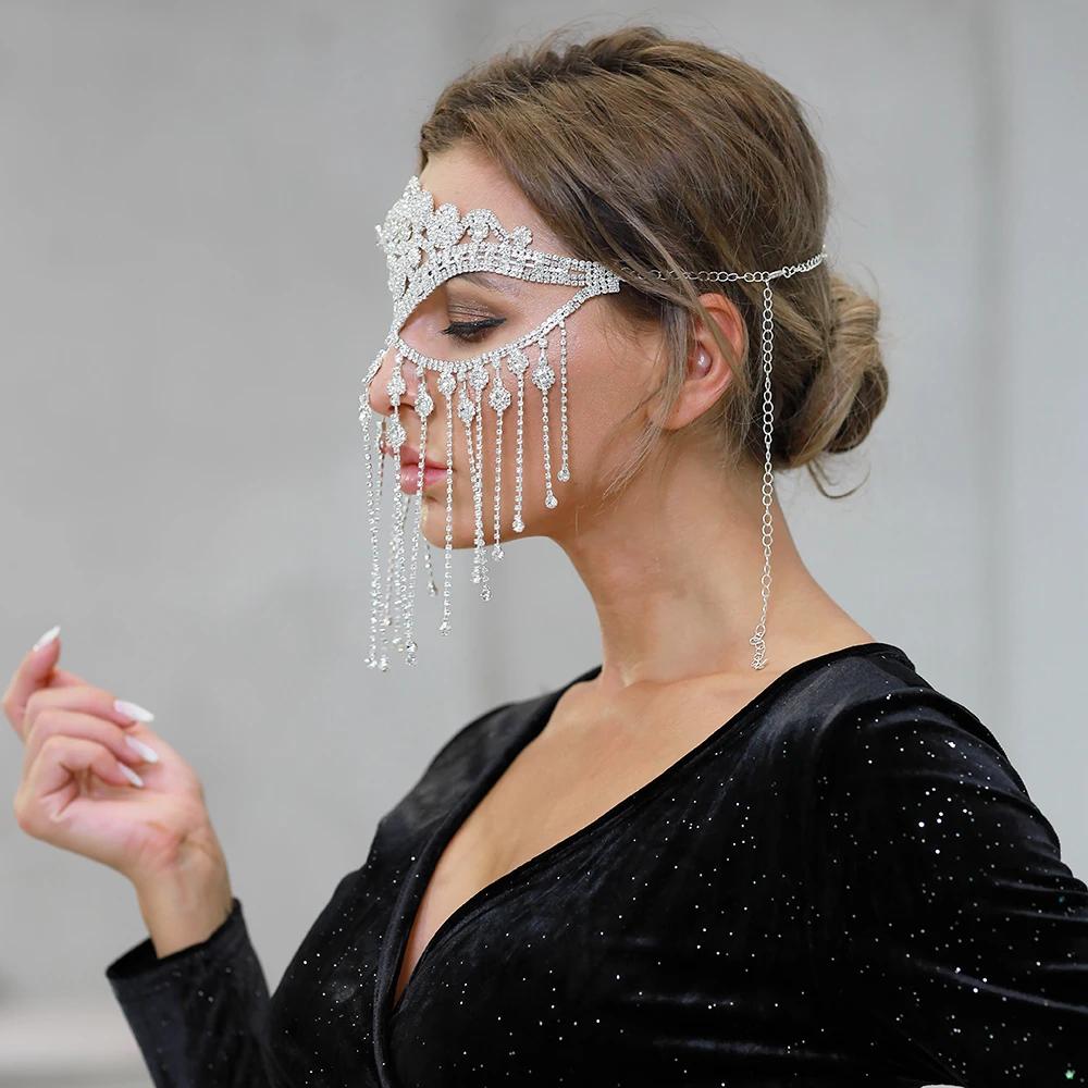 Cosplay Veil Headwear Rhinestone Tassel Mask Chain Women Masquerade Crystal Head Decor Nightclub Head Rave Party Indian Jewelry