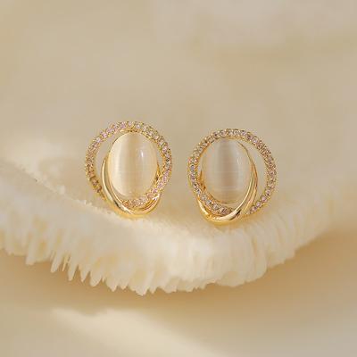 Trendy Small Oval Opal Stud Earrings for Women Rhinestones Crystal Twist Metal Hollow Irregular Geometry Earrings Jewelry