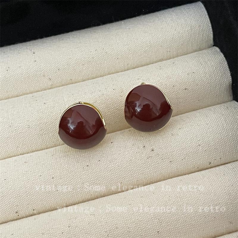French Retro Red Bean Stud Earrings - Minimalist & Versatile for Women, Perfect for Christmas & New Year