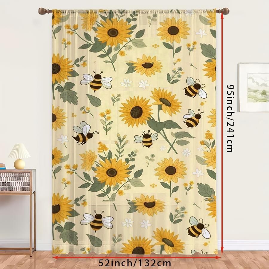 1PC Sheer Curtain Sunflower Bee Cartoon Yellow Print, Rod Pocket Window Curtain for Living Room Bedroom Kids Decor