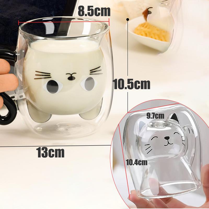 Creative Cute Cat Double-layer Coffee Mug Cartoon Couple Teacup Insulated Glass Mugs With Handle Household Office Drinkware