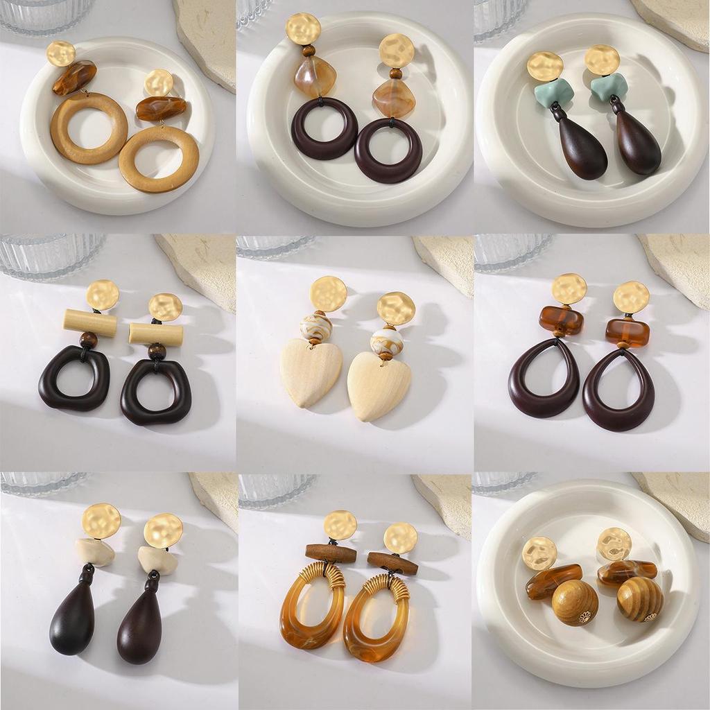 Versatile High-end Geometric Handmade Retro Faux Wood Stud Earrings for Women