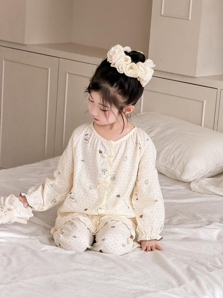 Spring And Summer New Children'S Gauze Pajamas Girls' Princess Style Lace Long-Sleeved Trousers Loungewear Set Loose And Thin