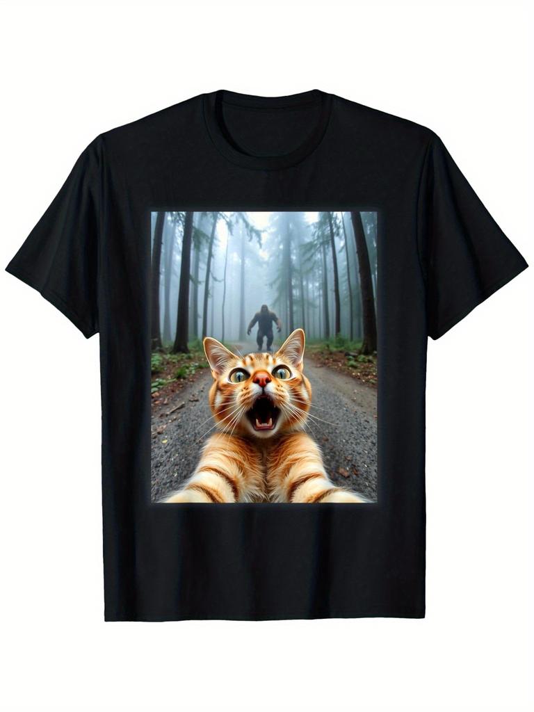 Men'S Funny Cat Selfie& Sasquatch Graphic Tee Crew Neck T-Shirt Mature Style Regular Fit Stretch Fabric