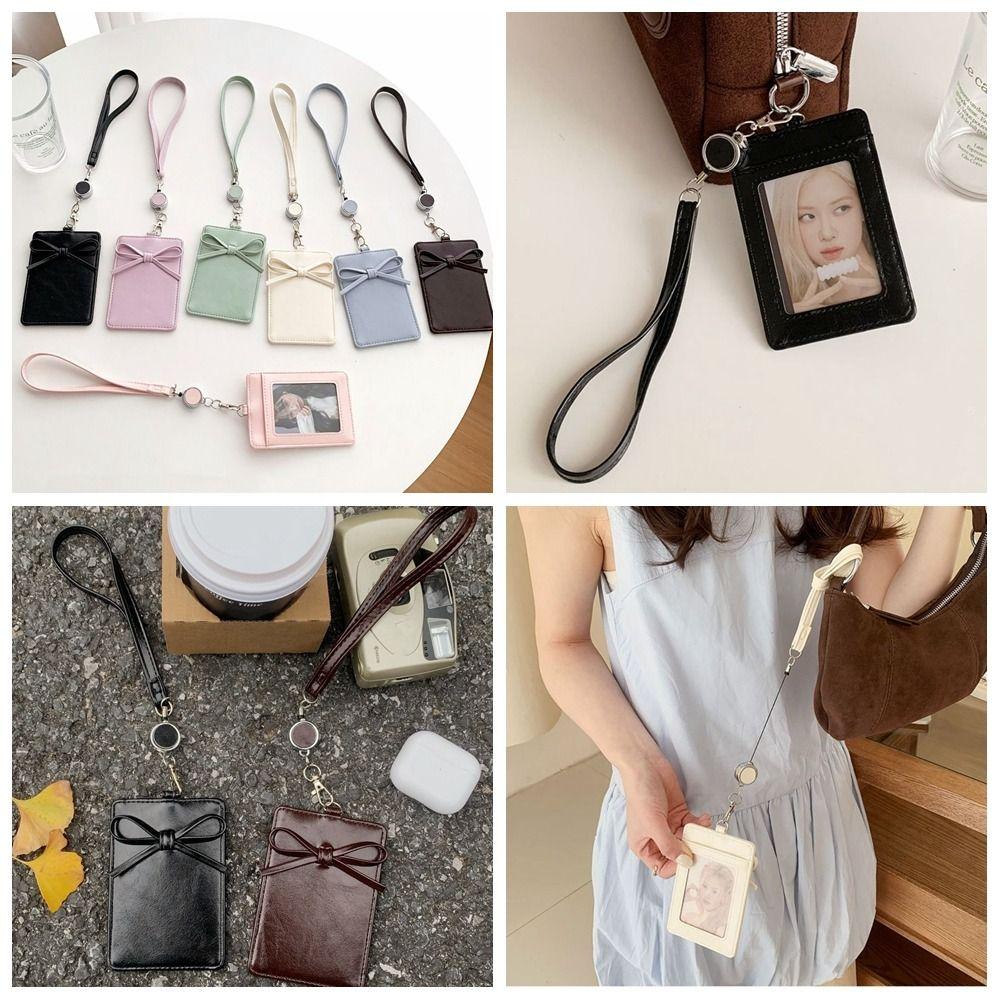 Bowknot Bow Leather Card Holder Retractable Bus ID Holders Work Card Cover Bank Credit Card