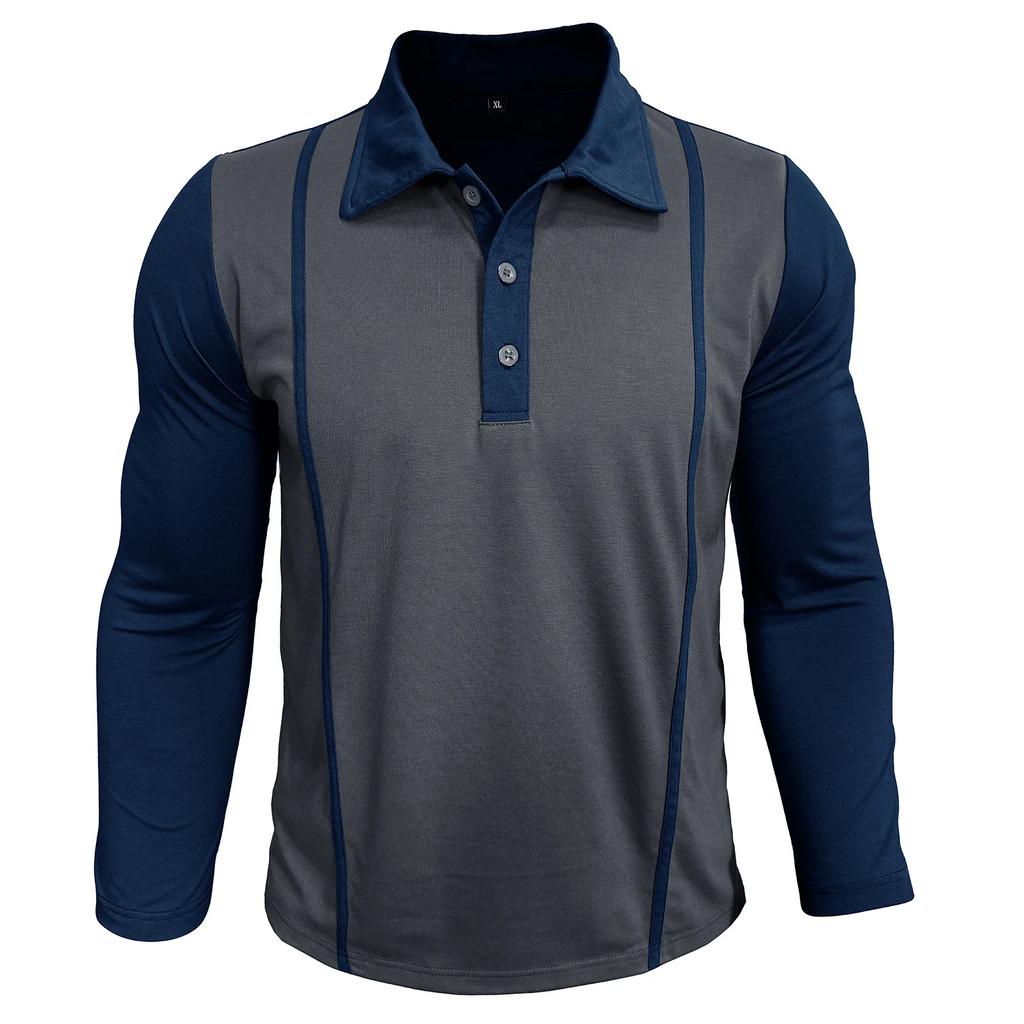 Spring Autumn Men's Contrasting Color Lapel Long Sleeve Button Polo Shirts Mens Casual Polos Tops