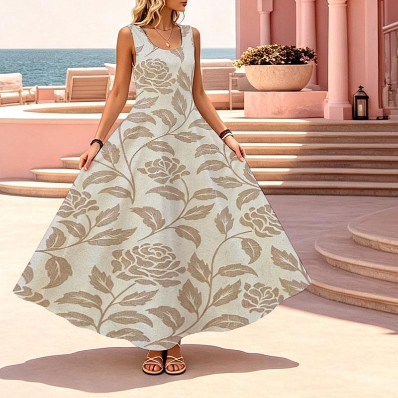 Women's Boho Floral A-Line Maxi Dress Loose Sleeveless Lightweight Flowy Elegant for Vacation Resort
