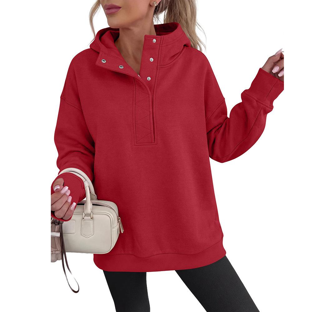 Fall/Winter New Style Women's Half-Closed Neck Buttoned Casual Loose Sweatshirt Long Sleeve Hooded Shirt