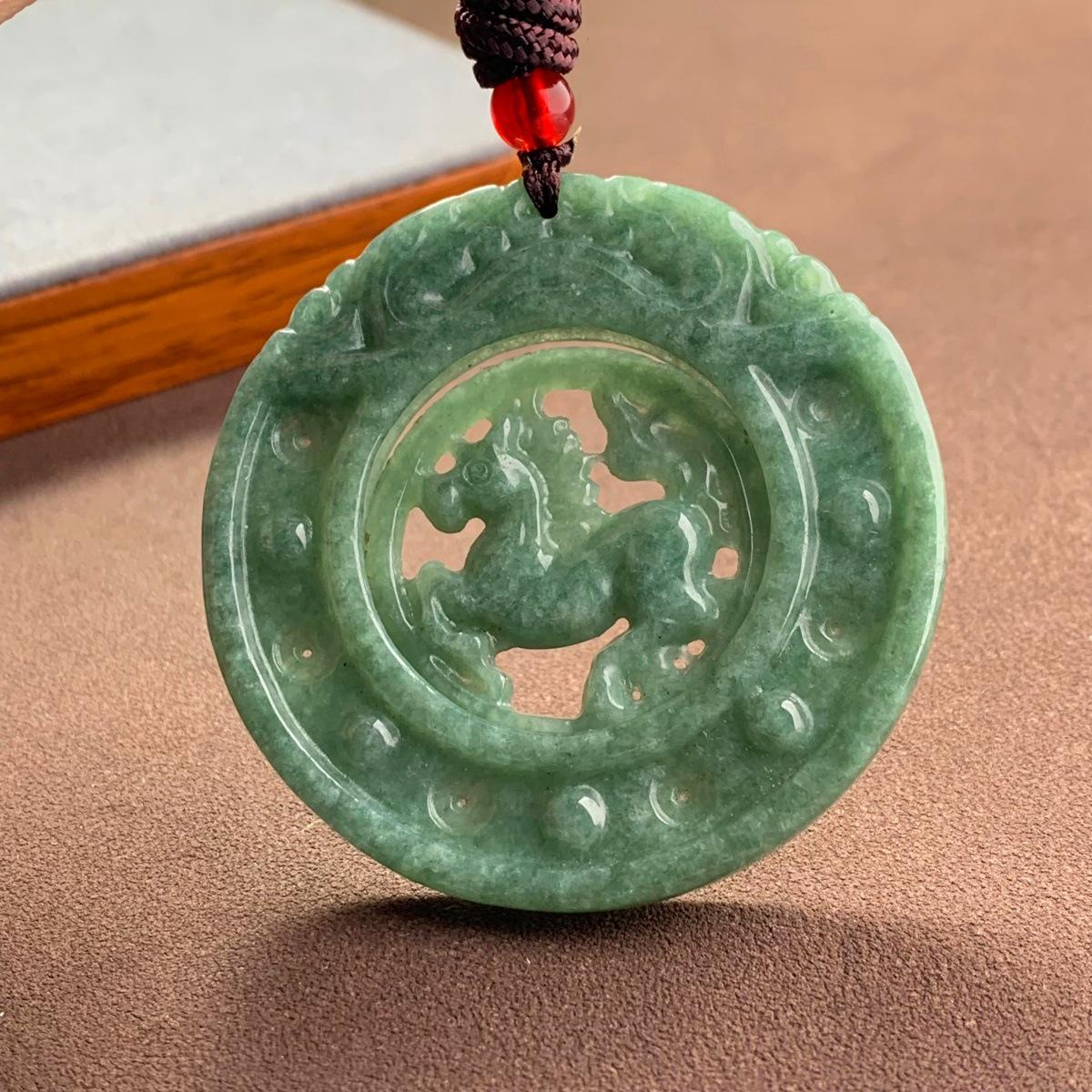 Natural A-Grade Burmese Jade Double-Sided Pendant with Hollow-Out Design:  Time to Bring Luck  Green Horse and Rotating Bean Carving. Time to Bring Luck