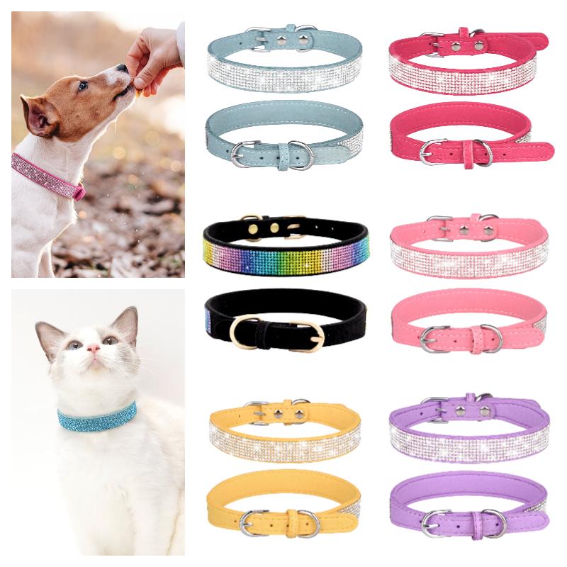 Rhinestone Collar Dog Soft Leather Small Bling Pet Collars Cat Puppy Necklace