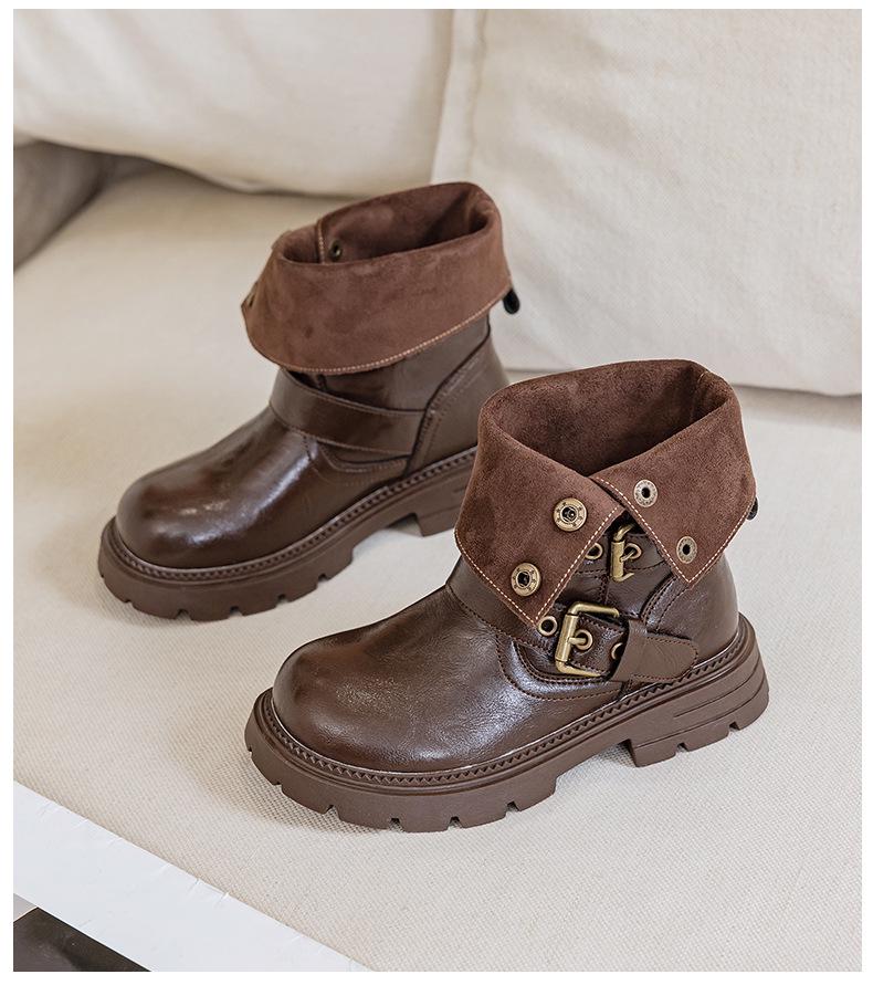 Retro Buckle Maillard Martin Leather Mid-Calf Boots for Girls - Foldable Shaft, Perfect for Travel