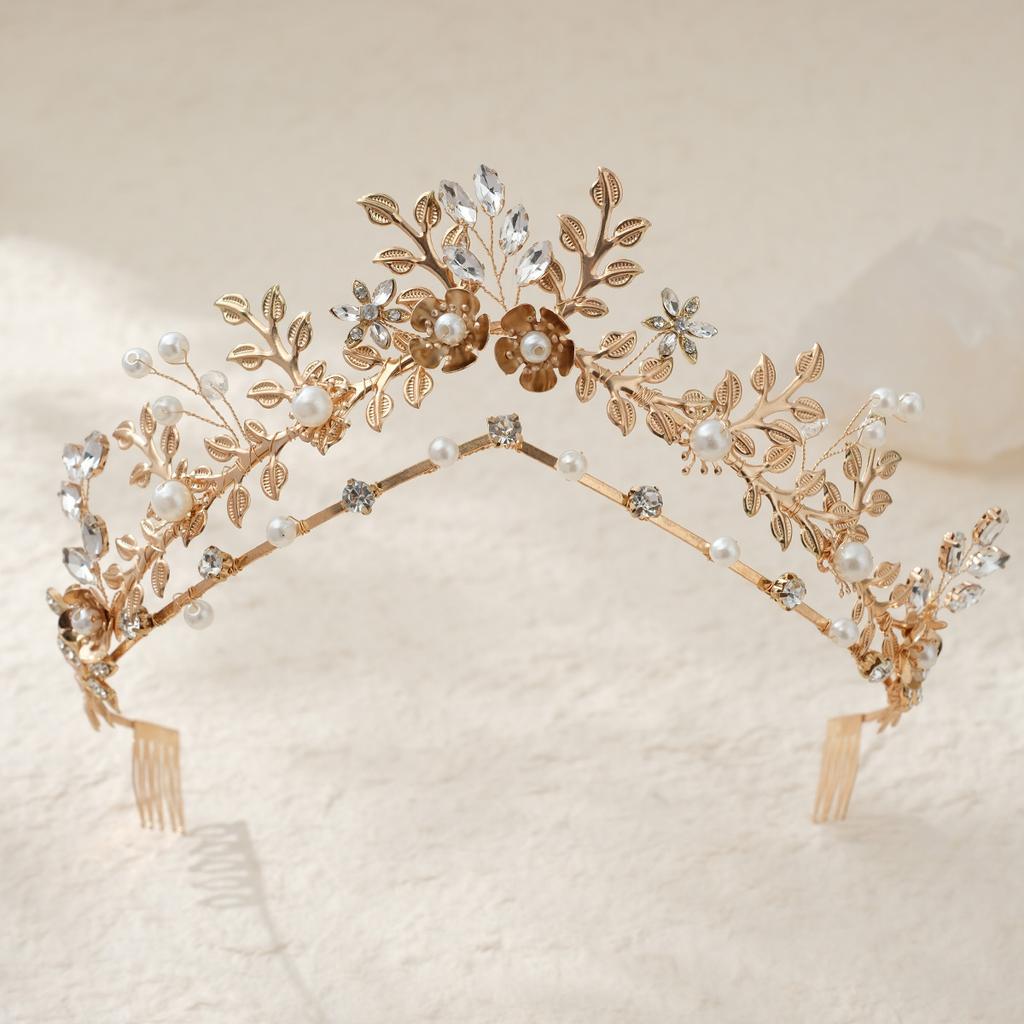Leaf Wedding Crown for Bride Pearl Floral Bridal Tiara Vintage Grecian Goddess Headpiece Forest Style Bohemian Hair Accessories