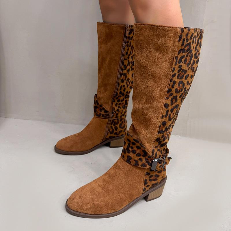 Fashion Leopard Spliced Metal Buckle High Boots Fashion Round Toe Suede Side Zipper Non-Slip Single Boots
