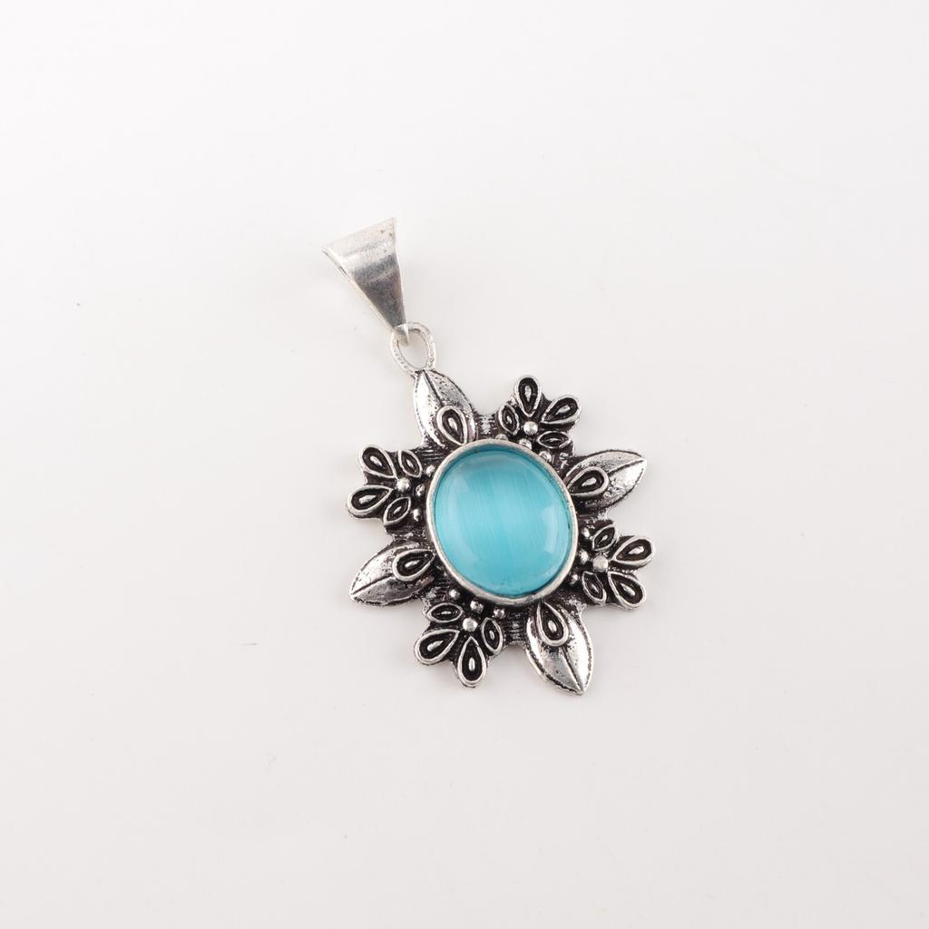 Natura Blue Cat's Eye Gemstone 925 Stamped Silver Jewelry Handmade Pendant 1.62" CP-12-43