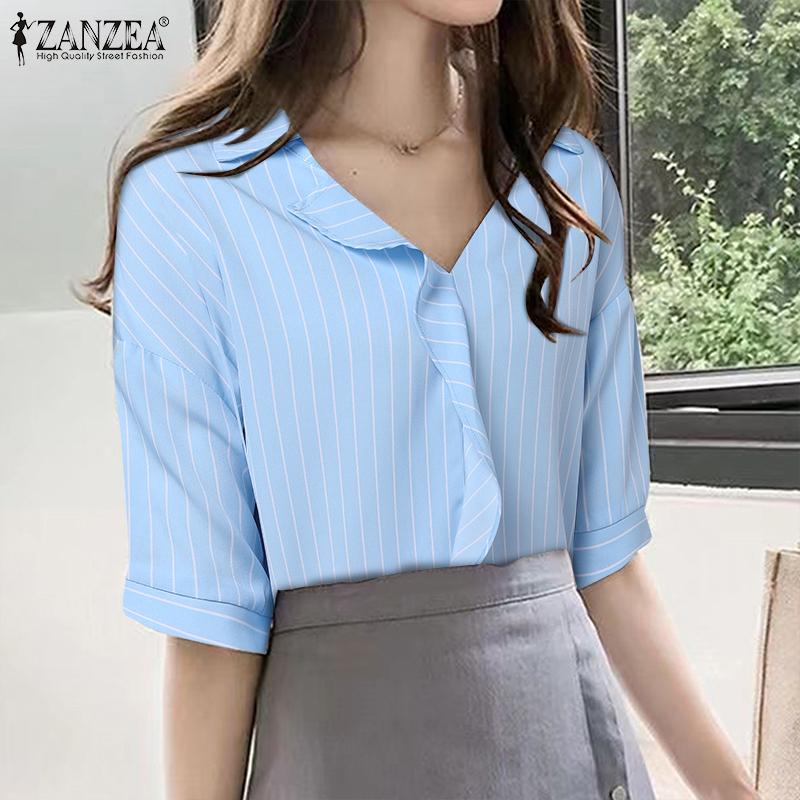 

ZANZEA женская летняя рубашка с воротником 1/2 и короткими рукавами в полоску, однотонная свободная блузка