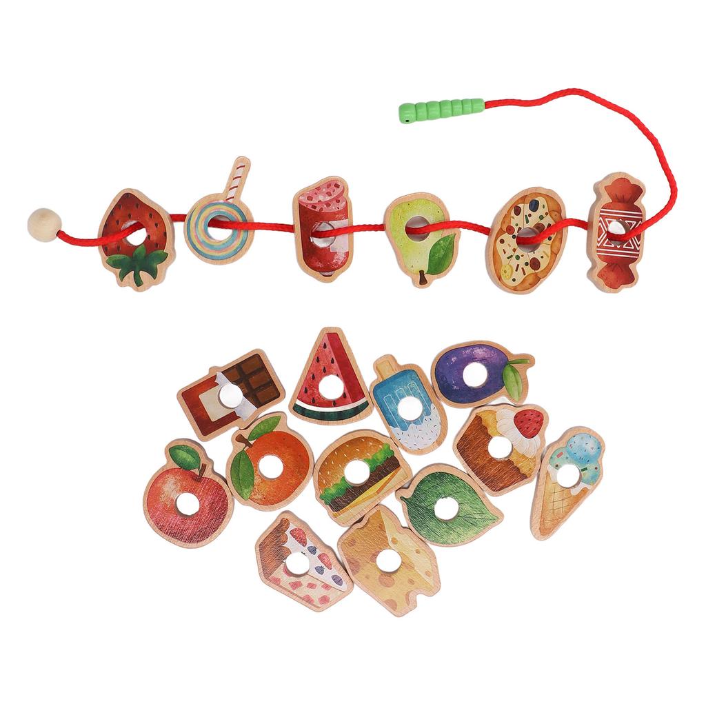 Wooden Threading Toy Fine Motor Skills Early Learning Food Fruit Shape Blocks Lacing Toy for Toddler