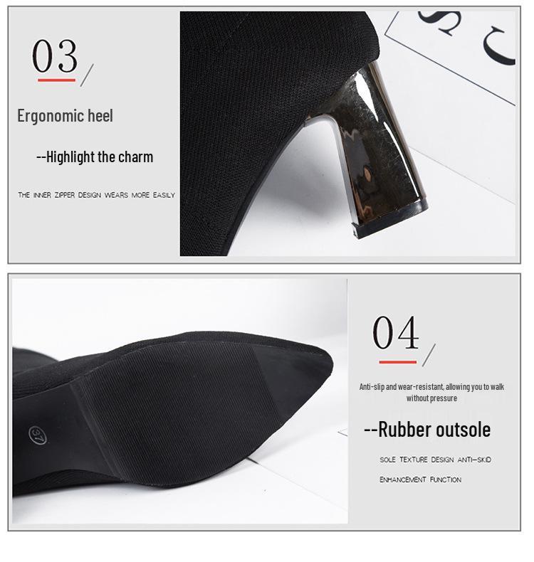 Damen Flyknit Elastische Socken Stiefeletten, Spitze Zehenpartie, Blockabsatz, Schlankmachendes Design, Europäischer/Amerikanischer Stil - 2025 Frühjahr/Herbst Kollektion