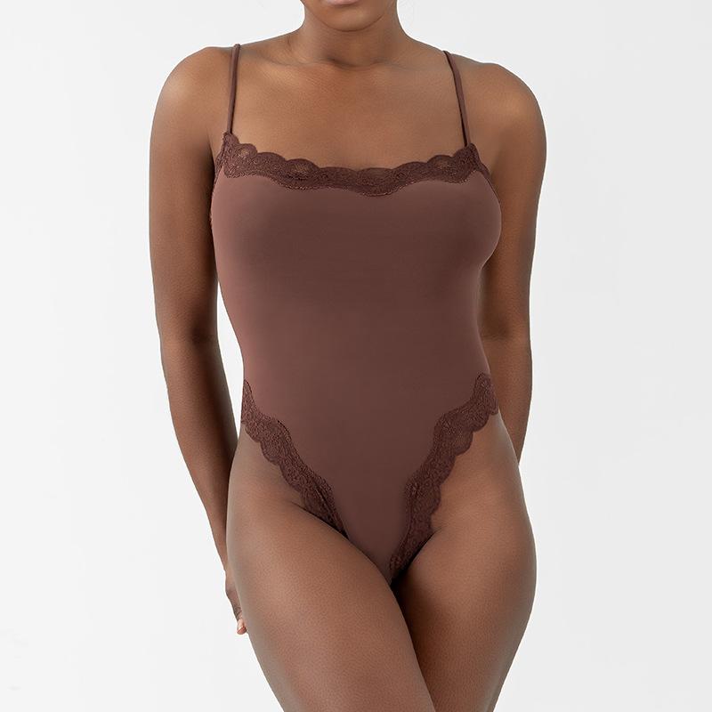 Women's Square Neck Sexy Lace Bodysuit Sleeveless Jumpsuit Solid Color Slimming Bodycon Rompers Tank Tops