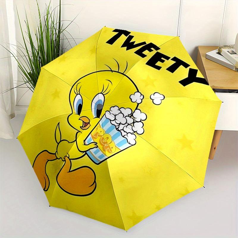 1PC Looney Tunes Tweety Popcorn Automatic Open/Close Umbrella - Compact Travel Umbrella, 8-Rib Heavy-Duty Construction, Ideal Gift a0828179