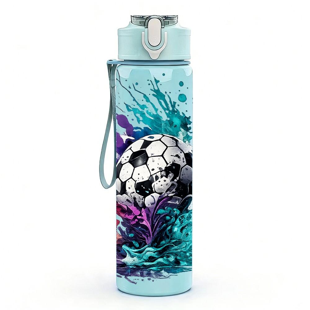 1PC Soccer Ball Splash Sports Art Print 750ml Color Plastic Sports Water Bottle Leakproof Flip Straw Lid Suitable for Sports Office Home Use