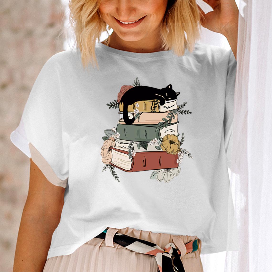 

Милая кошка книга футболка с коротким рукавом книги и кошки футболка футболка для чтения футболка для любителей кошек подарок для любителей книг книга книжная футболка 4XL