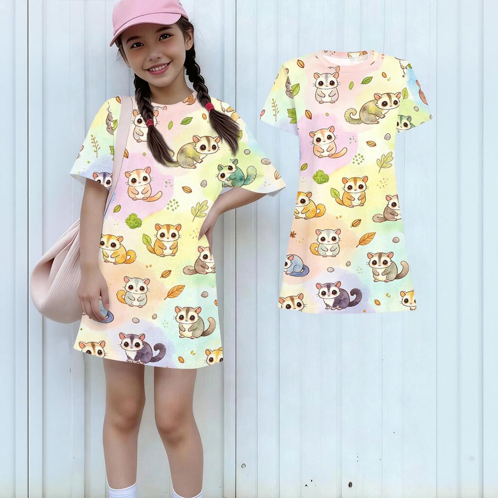 Girls Loose Fit Short Sleeve Dress Lightweight Cotton Animal Print Round Neck Kids Casual Summer Dress for Children