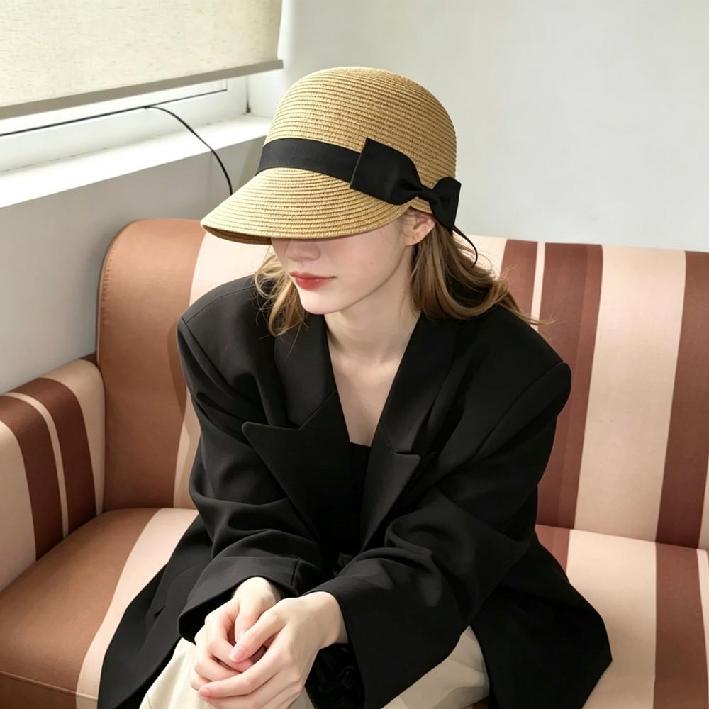 Elegant Straw Hat Sun Hats Women Summer French Retro Dome Top Hat Ladies Vacation Beach Straw Hat Black Bowknot Equestrian Hat