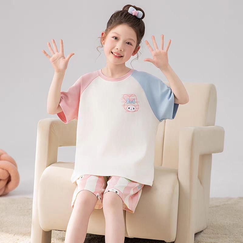 Melody Summer Loose Pajama Set for Girls - Thin Short Sleeve, Two-Piece, Medium & Large Sizes